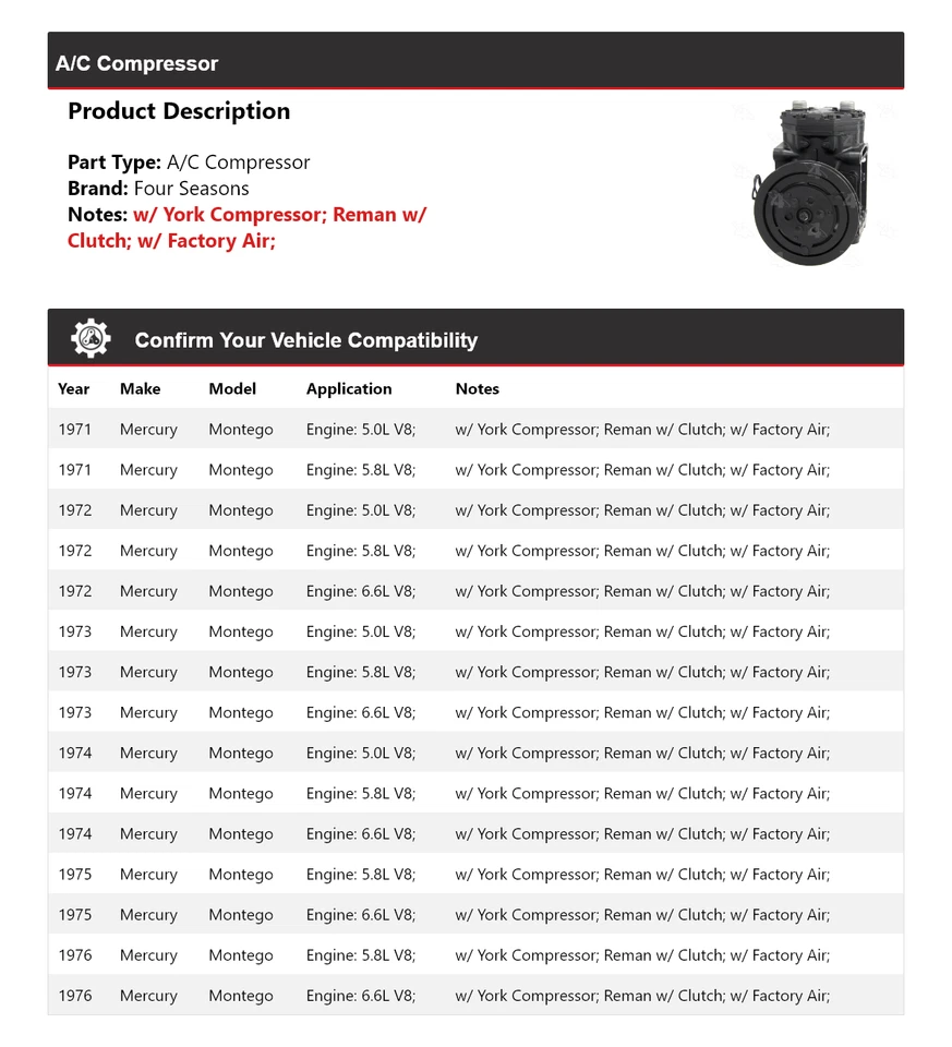 Compresor de aire acondicionado Mercury Montego 1971-1976 4 estaciones 1972 1973 1974 1975 Foto 2 de 4