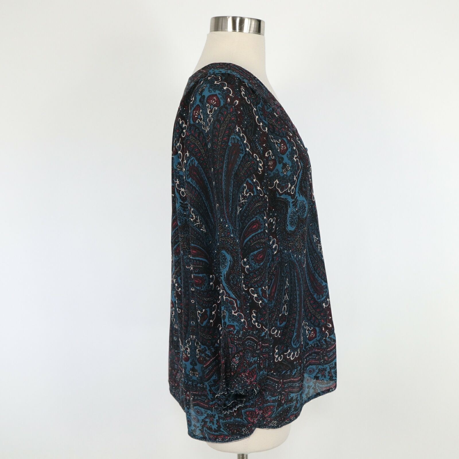 JOIE Silk Blouse Top Womens XS Paisley Navy Blue Teal Black V-Neck