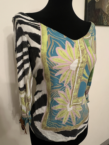 Vtg Roberto Cavalli SS 2004 Green Patchwork Print Silk/Cotton Blouse L/Xl - Picture 6 of 14