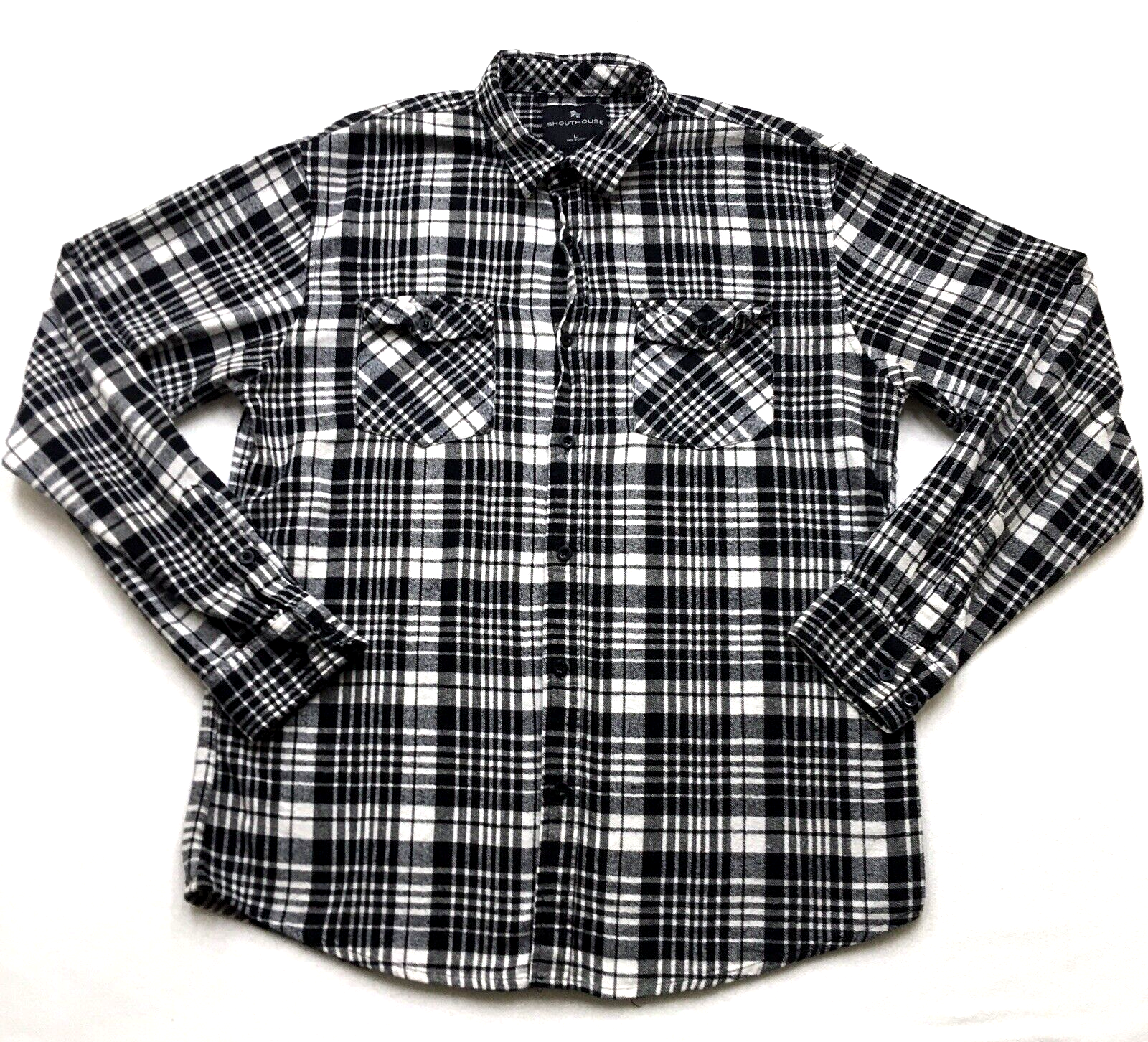 SHOUTHOUSE FLANNEL Shirt Men L Black Herringbone Check Dark Academia Normcore