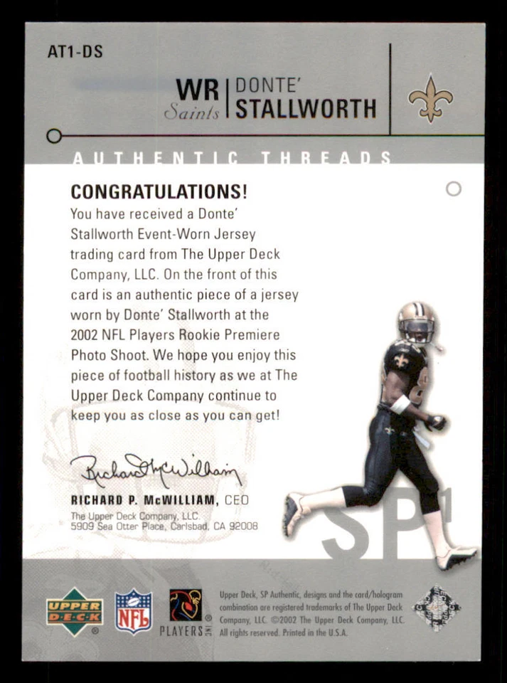 2002 SP Authentic Threads #AT1DS Donte Stallworth - Image 2 of 2