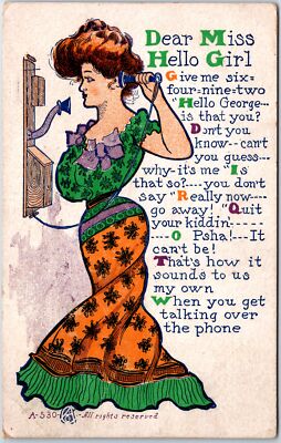 VINTAGE POSTCARD ''DEAR MISS HELLO GIRL'' PRETTY LADY CALLING HER BEAU POSTED 1909