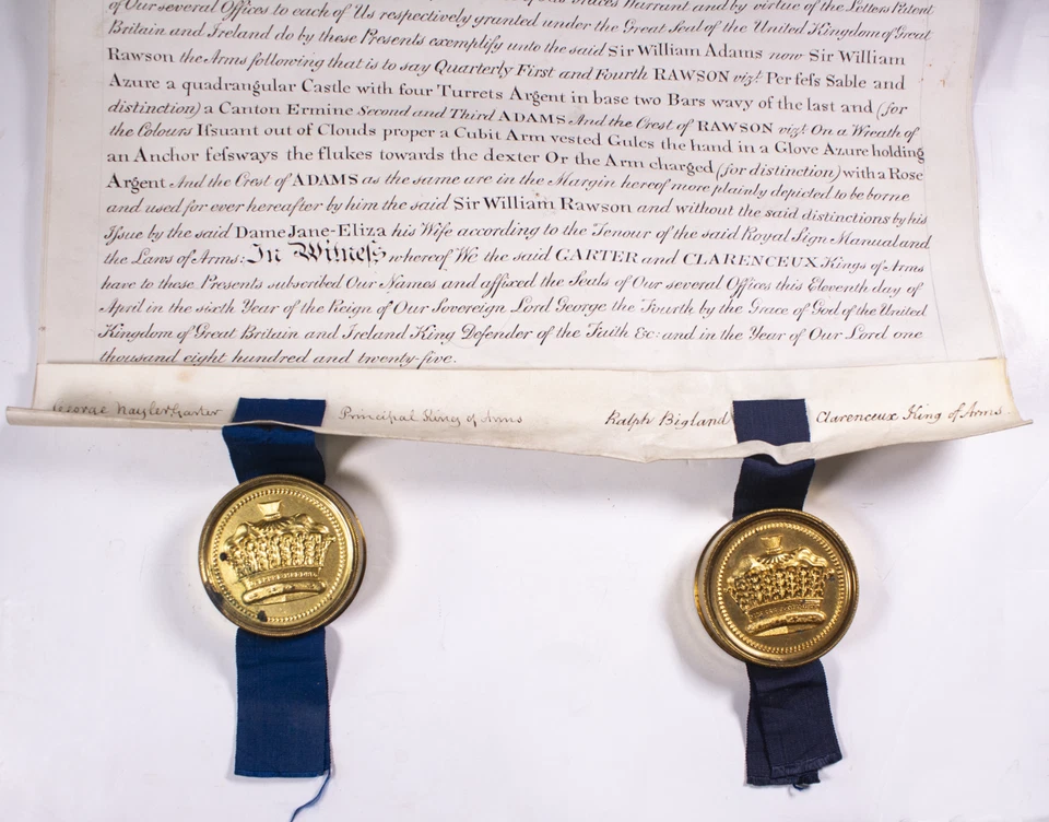 1825 Grant of Arms on Vellum – Sir William Adams – College of Arms Seals - Image 3 of 4