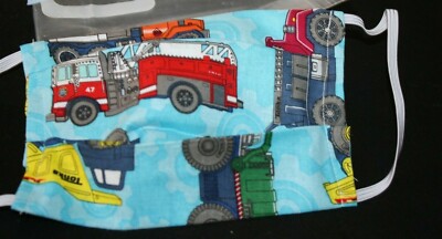 Fire Truck Face Mask Child Sz Cotton Fabric Trucks Two Layers Filter Pocket