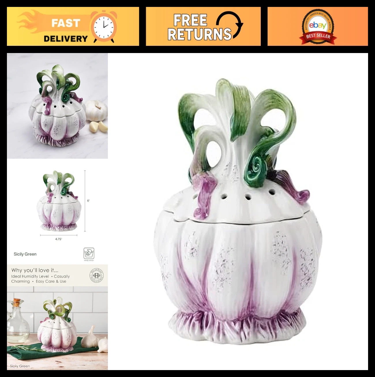 Ceramic Garlic Keeper Storage Container - Green, Stylish Kitchen Organizer