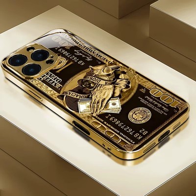 Creative Wealth Pattern Gold Metallic Paint Glass Phone Case For iPhone 17 16 15