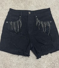 RISEN Frayed Hem Denim Shorts with Rhinestone Fringe Pockets Sz S Womens NWOT