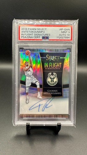 2018-19 Panini Select Giannis Antetokounmpo In Flight Auto Bucks 32/49 PSA 9/10
