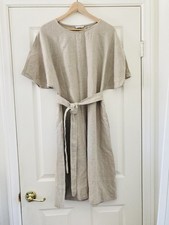 LINENFOX Natural Beige Linen A-Line Shift Dress, Belt Dolman Sleeves Pockets, XS