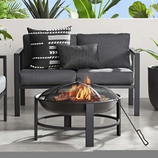 28" Round Wood Burning Fire Pit Steel Frame with Mesh Spark Guard Backyard Patio
