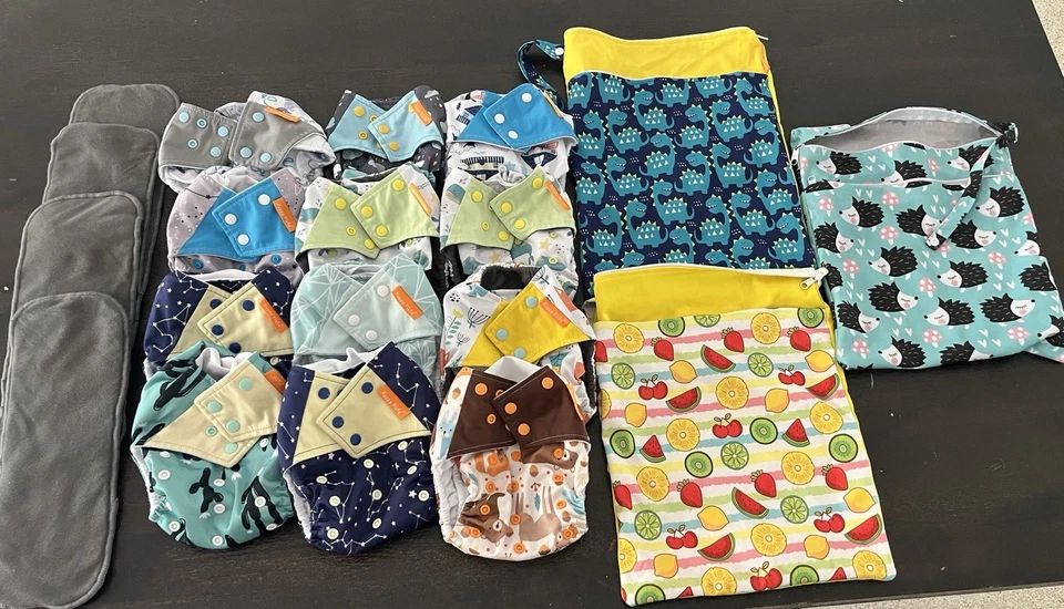 cloth diapers 12 Happy Flute  and 3 Wet Bags Gender Neutral Colors - Image 2 of 4