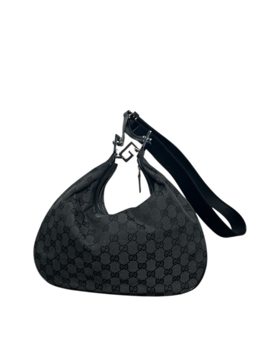Gucci Black GG Canvas Attaché Hobo Bag Silver G Leather Strap Y2K 