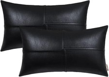 2-Pack Faux Leather Throw Pillow Covers 12 x 20 Inches Black Hand-Stitched