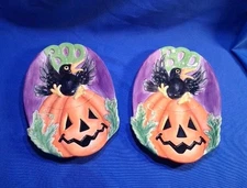 2 Fitz and Floyd Jack O’ Lantern Crow Halloween Pumpkin Ceramic Snack Tray