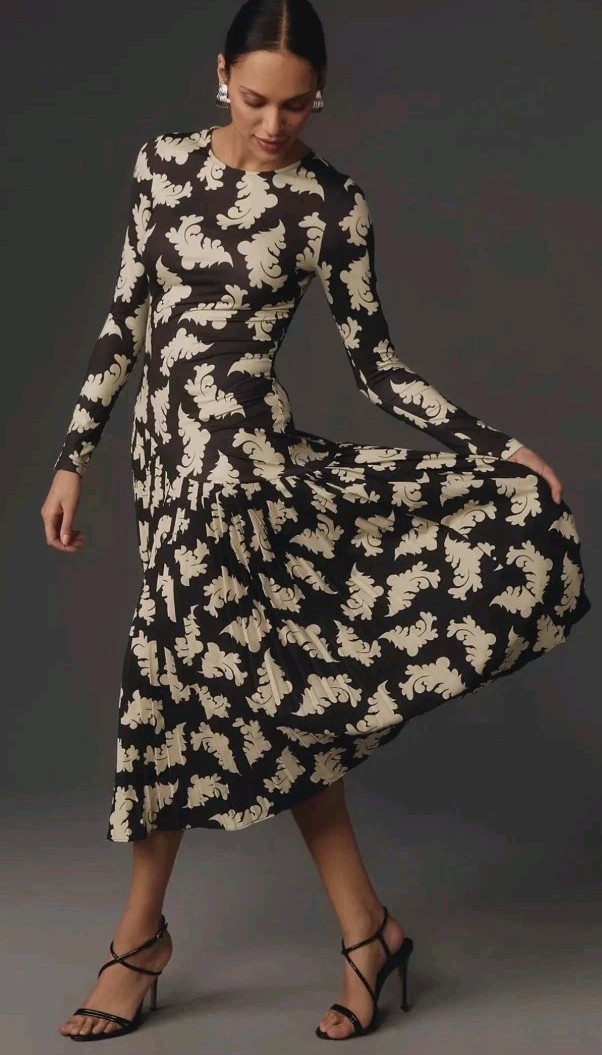 chinese dress ladies By Anthropologie Long-Sleeve Mock-Neck Printed Slim Midi Dress