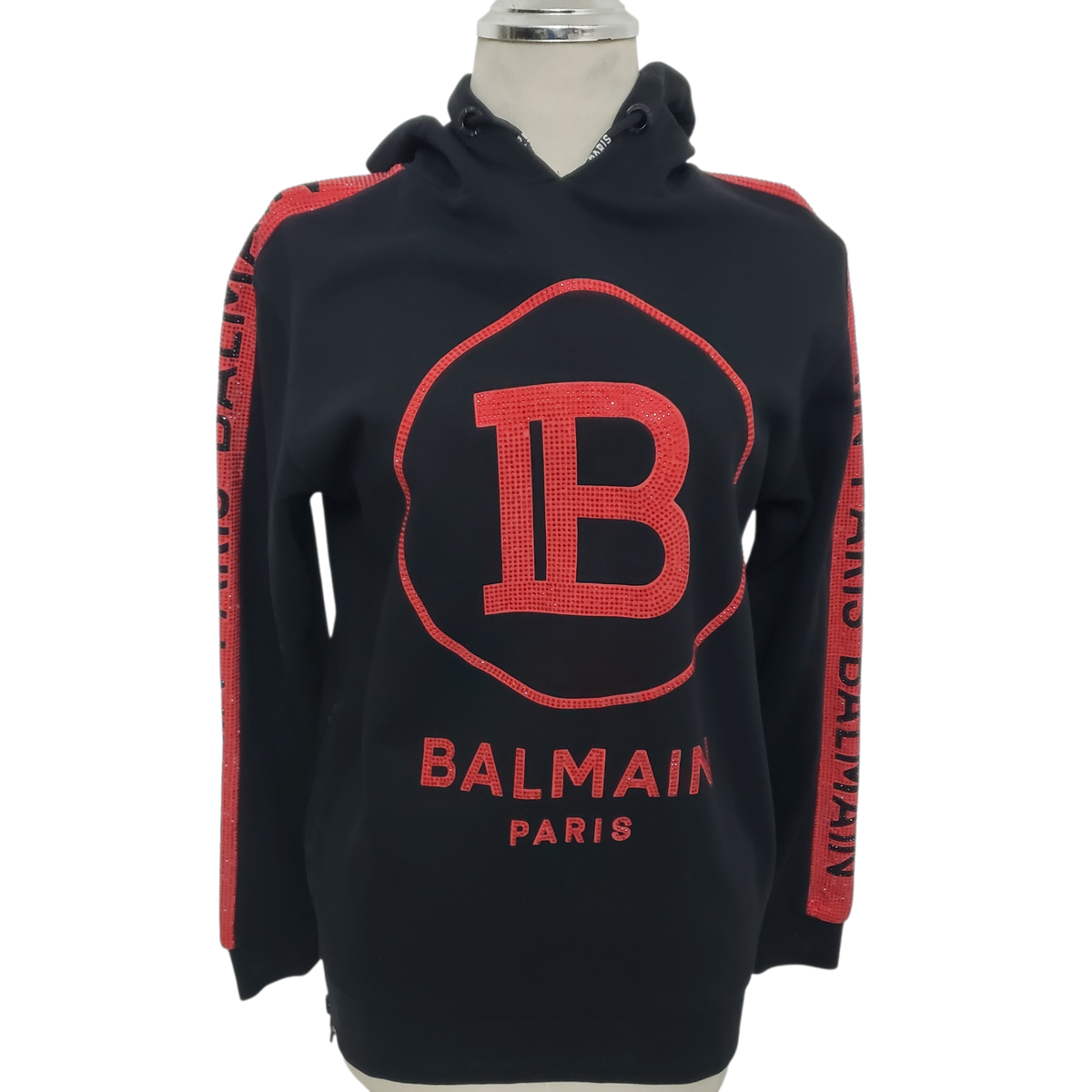 BALMAIN ダメージ加工 ミリタリー長袖シャツ 赤×黒 Balmain Black Red Paris Women Rhinestone Logo Hoodie Cotton