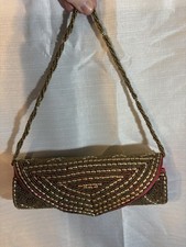 Gold Beaded Clutch Evening Bag Unbranded Vintage Formal Purse W/ Pink Lining