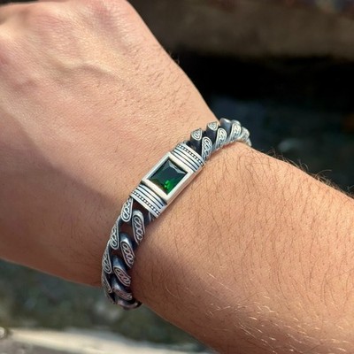925 Herren Smaragd Stein Gravur Kette Armband, grüner Stein Männer Panzerarmband