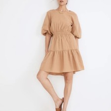 Madewell Seersucker Puff-Sleeve Cutout Mini Dress Seed Khaki Women’s Size Small