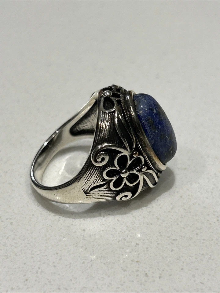 Anillo grande de plata de ley S925 de piedra ovalada azul lapislázuli natural para hombre Foto 2 de 4