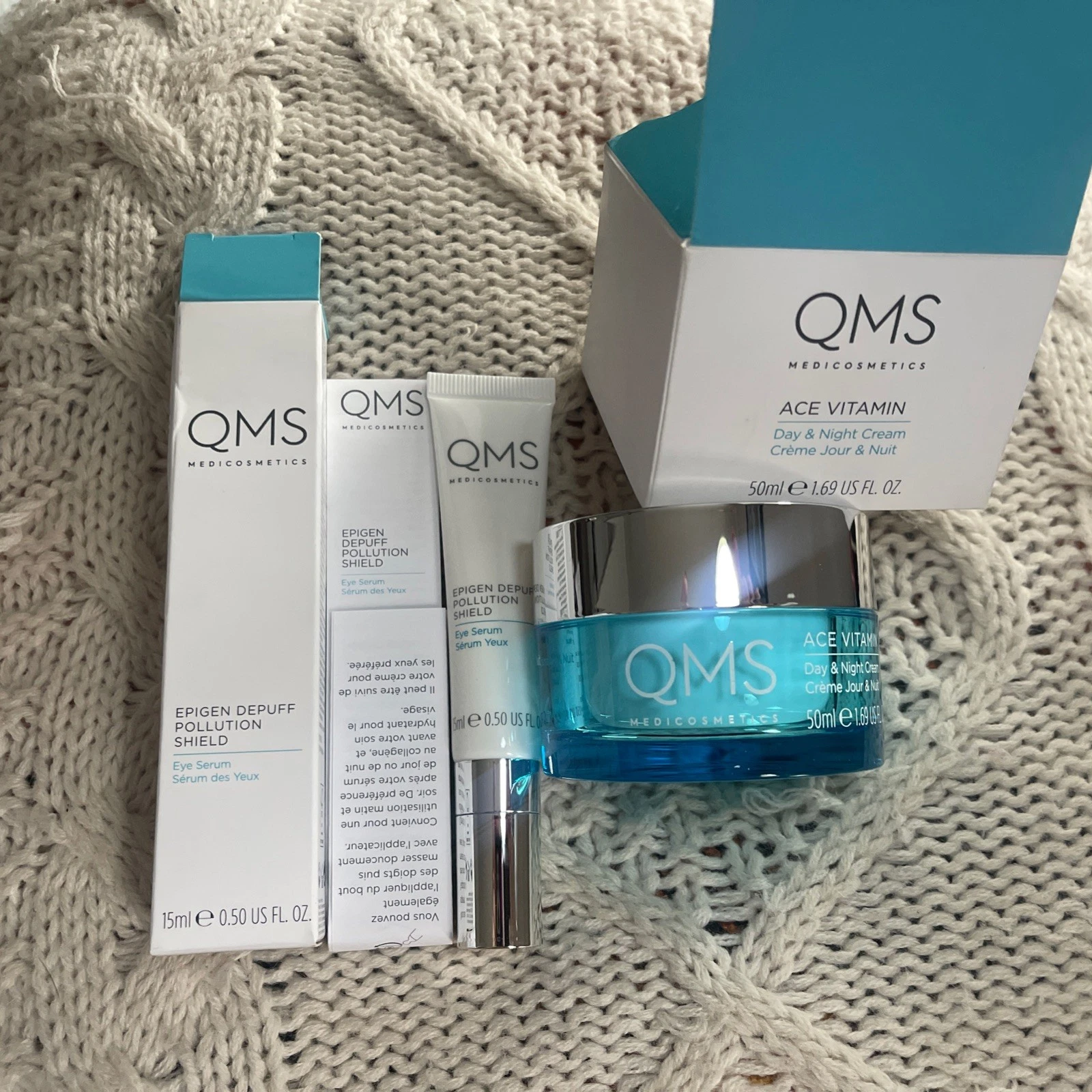 NIB QMS MEDI COSMETICS DAY & NIGHT CREAM 1.69oz &EPIGEN DEPUFF EYE SERUM 0.5 oz