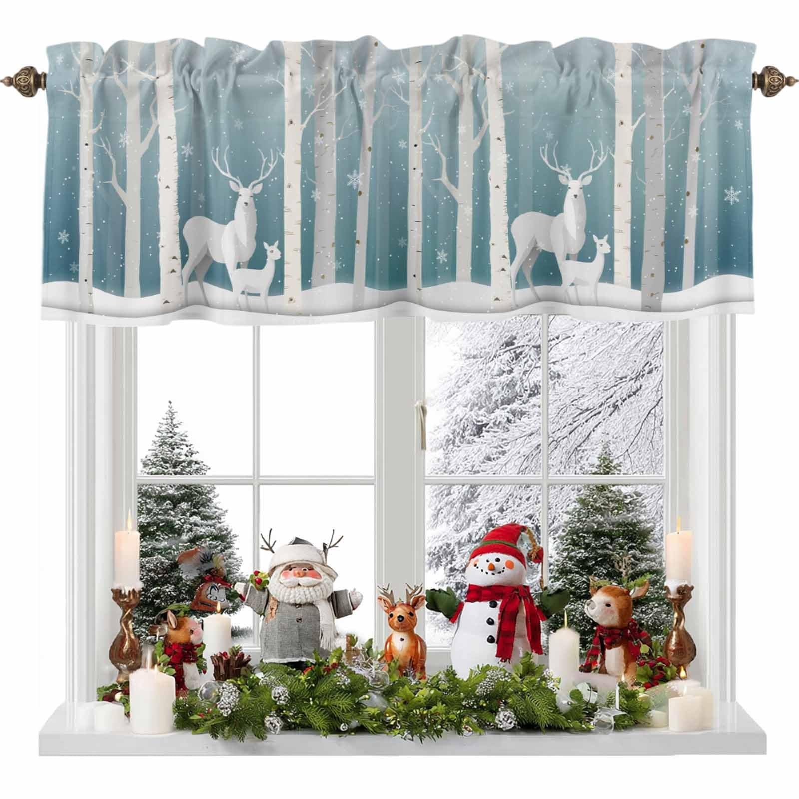 Valance Curtains-White Christmas Deer in Winter Snow Forest for Living Room,B...