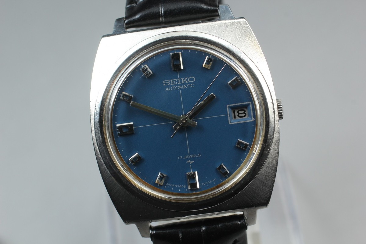 Vintage 1968 Exc+5 Seiko Automatic 7005-7000 Date Blue Dial Mens