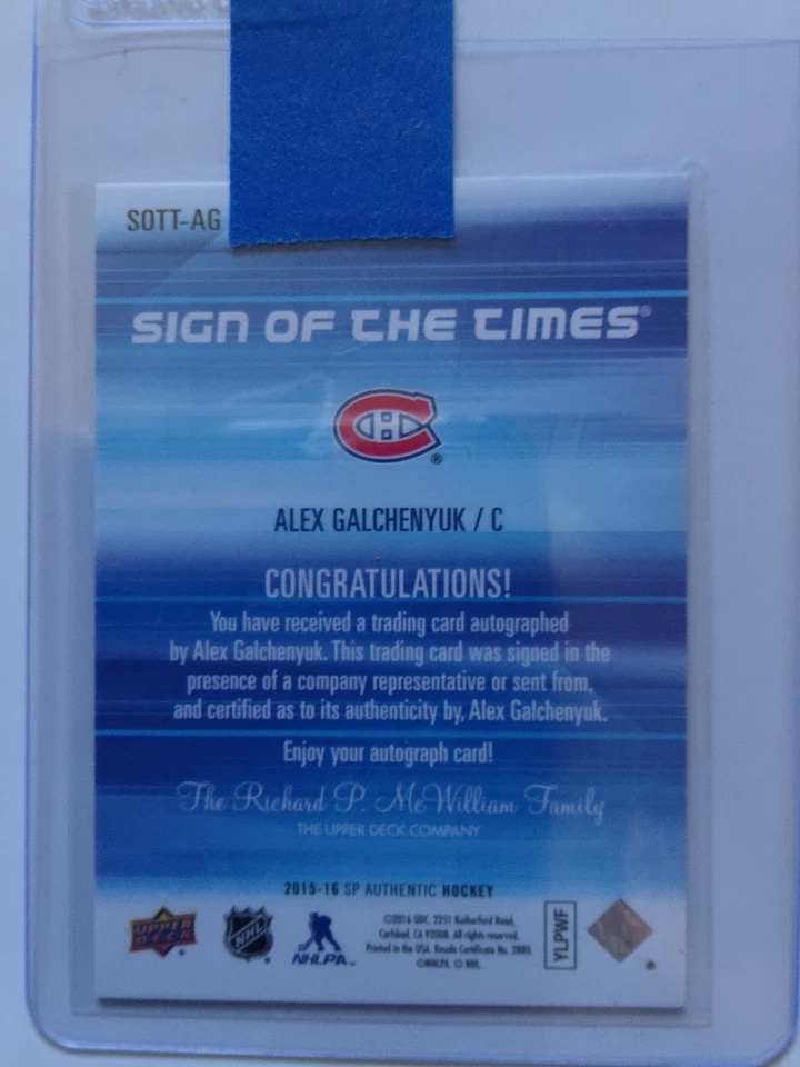 2016 UD SP AUTHENTIC3SOTT-AG ALEX GALCHENYUK SIGN OF THE TIMES AUTO - Image 2 of 2