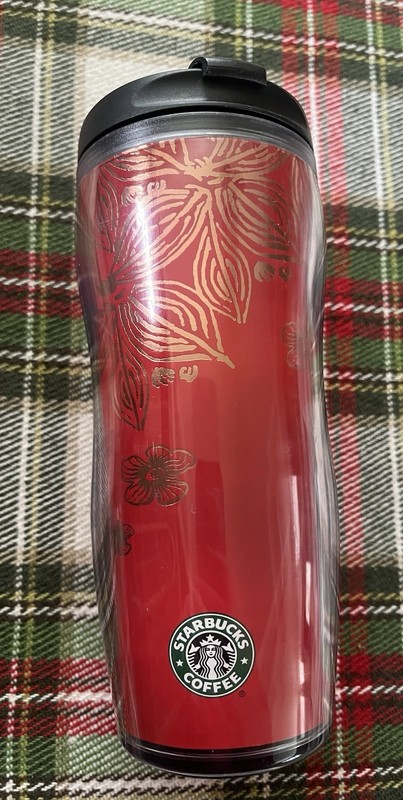 Starbucks 2008 Red Acrylic Flower Travel Mug Coffee Cup Tumbler 12 oz 