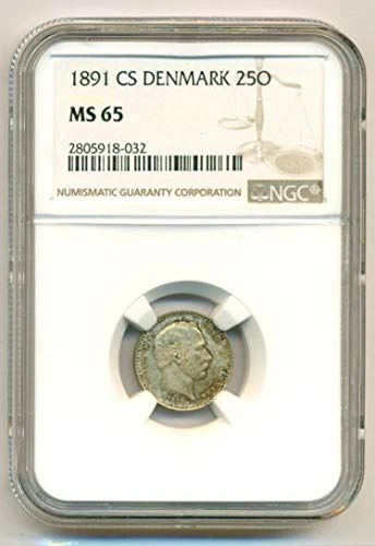 Denmark Silver 1891 CS 25 Ore MS65 NGC