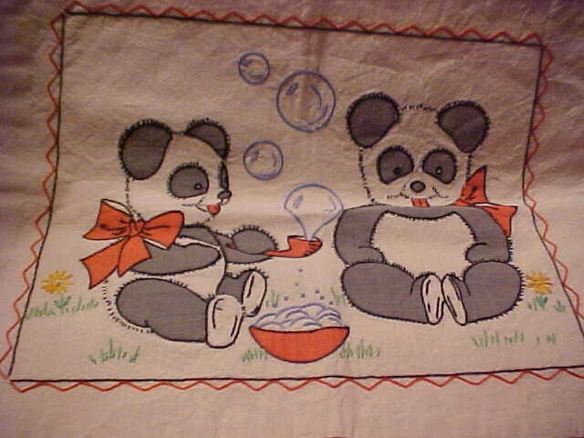 Vintage Vogart Pillow Cover W/Pandas Nicely Done Ready for Pillow!!! Great Work!