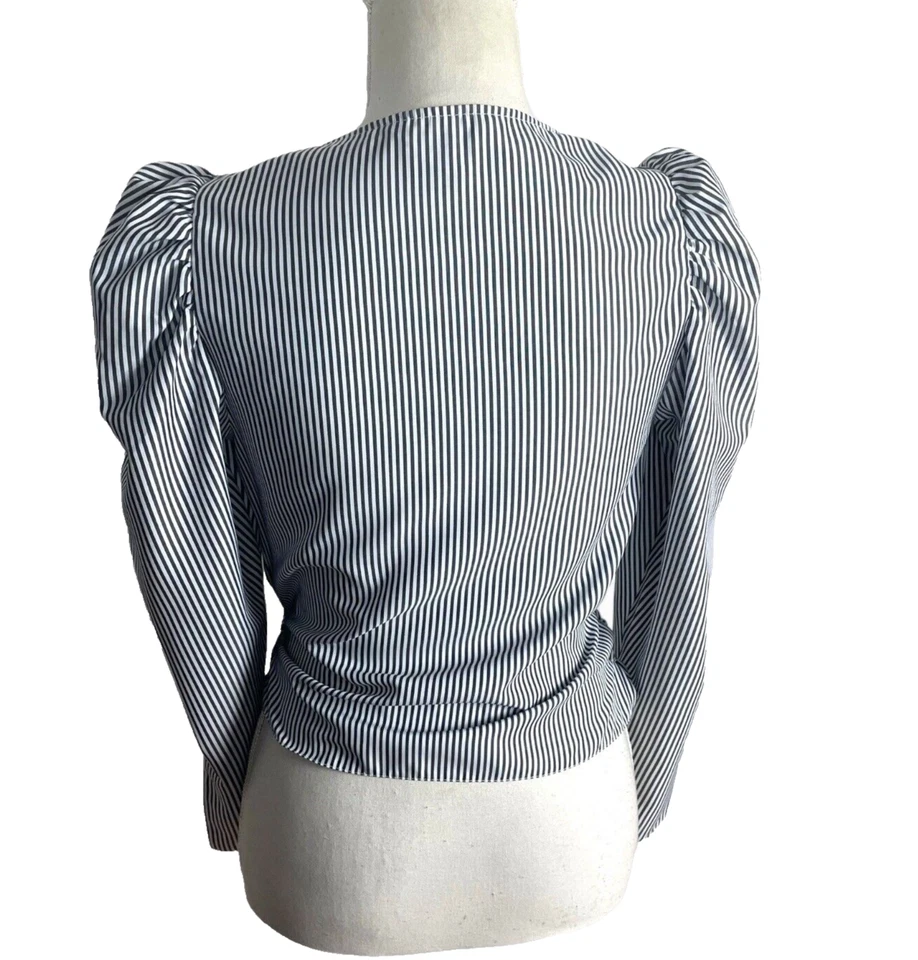 Camisa envolvente a rayas New Look Top manga abullonada corbata delantera para mujer talla 8 del Reino Unido Foto 3 de 4