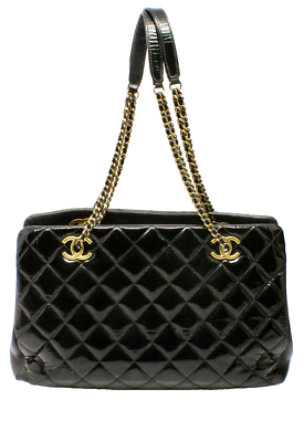 Chanel Paris Black Quilted Patent Leather Salzburg CC Eyelet Tote