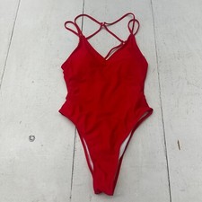 Red V Neck Spaghetti Strap Adjustable Cheeky One Piece Swim Suit Women's Size M