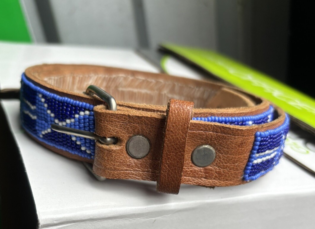 小物 Additive and Line Western Belt Handmade Intricate Beaded Leather Belt Blue White Southwestern