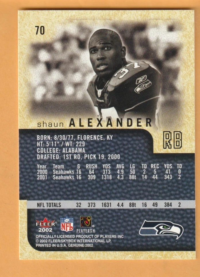 Shaun Alexander Seattle Seahawks 2002 Fleer Genuine #70 Alabama Crimson Tide - Image 2 of 2