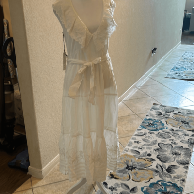 St. Roche 8 Nightingale Tiered Midi Dress Milky White Ruffled Eylet Lace  Trim Ne | eBay