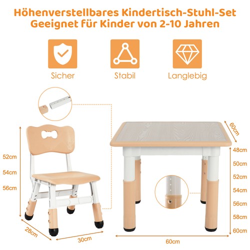 Kindertisch mit 2 Stühlen Kindersitzgruppe Höhenverstellbar 60 x 60cm Plastik - Bild 12 von 25
