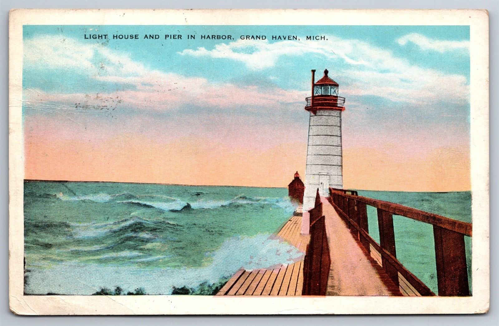 Light House & Pier Lake Michigan Waves Crashing Grand Haven MI C1930 Postcard H6