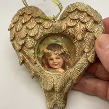 Heart Shaped Angel Wings Christmas Ornament with Vintage Girl Graphic
