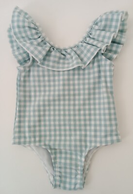 Girls One Piece Swimsuit Blue White Checked M&S Ruffle UV Protection NWOT  F1 UK