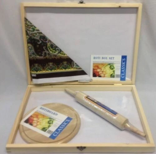 BRITISH HAND MADE 3PC ROTI BOX ASIAN FLOUR CHAPPATTI BOX ROLLING PIN NAN PITTA