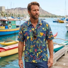 Vintage 90s Reyn Spooner Caribbean Map Aloha Shirt XL Hawaii Tiki Cruise Fish