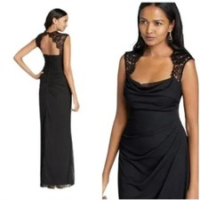 NWT Xscape black lace cap sleeve evening formal cocktail maxi gown size 8