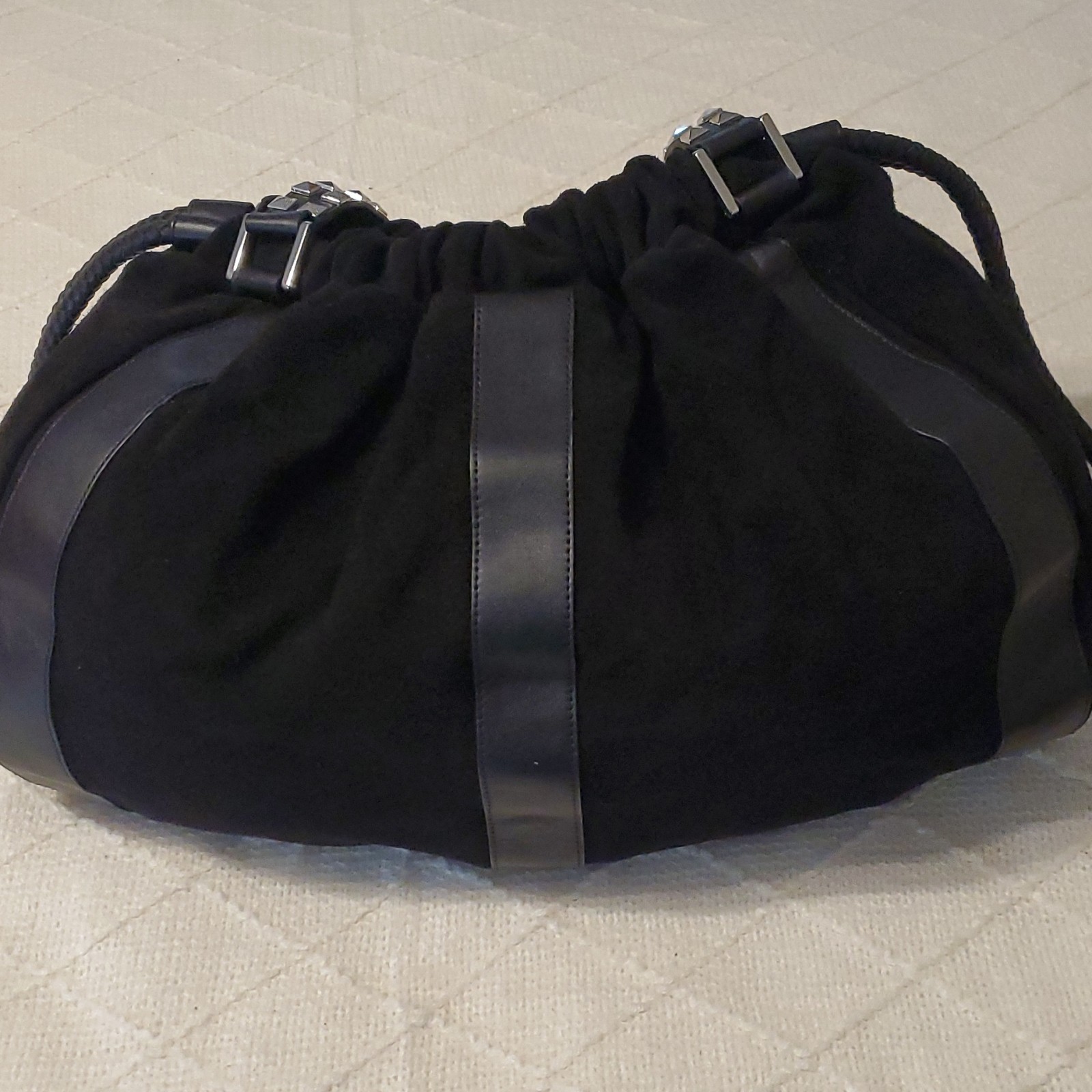 Unique Black Suede Studded Drawstring Shoulder Ba… - image 2