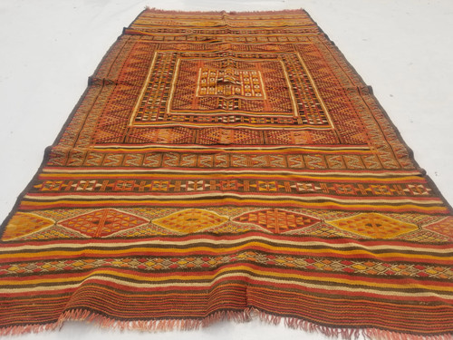 Vintage Traditional Handmade Moroccan Taznakht Wool Brown Kilim 7.2x3.11ft