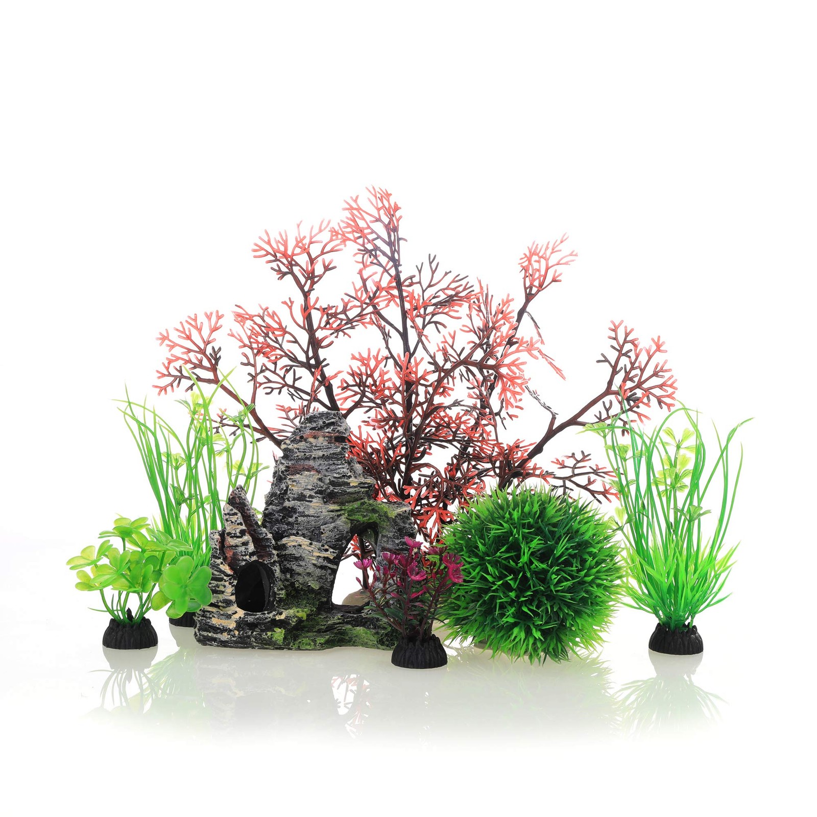 7-Piece Aquarium Decor Set with Plastic Plants and Cave Rocks