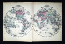 1860 Johnson Map World Eastern Western Hemispheres America Asia Europe  1st ed