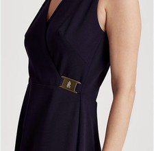 NEW $165 Lauren Ralph Lauren Monogram Gold Buckle Sleevesless Dress Size 14 Blue