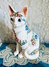 1950s NORLEANS Japan Hand Painted Fanciful Floral Cat 14 Inch Statue with Label